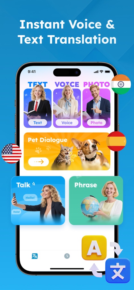 Live Talk Translator - Explore the app's versatile dashboard, featuring distinct modules for text, voice, and photo translation, alongside specialized functions like 'Pet Dialogue' and a 'Phrase' book.