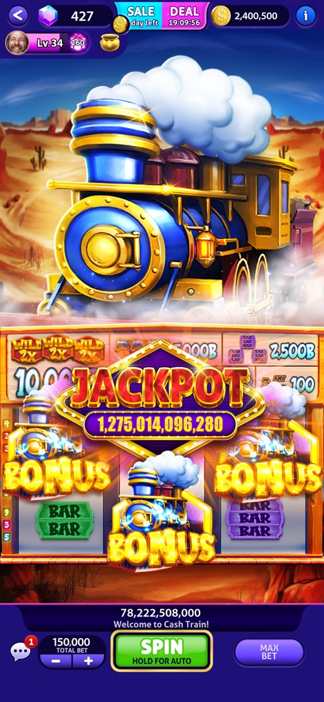 Club Vegas Slots Casino games - Board the Cash Train! for a thrilling ride, highlighted by a classic steam locomotive and a towering "JACKPOT" display alongside engaging bonus symbols.