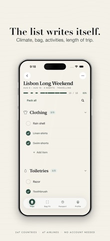 Roam: Travel Packing Lists 스크린샷 1