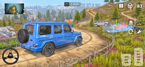Real Offroad Jeep Driving Game - Un elegante SUV azul navega por un camino de tierra, inmerso en un vasto paisaje montañoso y ofreciendo la singular característica de una estación de lavado de vehículos.