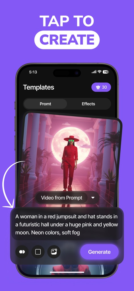 Pictory - AI Video Generator - L'interfaccia intuitiva invita gli utenti a creare rapidamente, mostrando un modello selezionato con il prompt "A woman in a red jumpsuit..." e un pulsante "Generate" pronto all'uso per generare il contenuto.