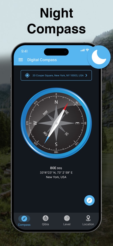 Compass App - Qibla finder - O modo noturno oferece uma interface escura para reduzir o cansaço visual, apresentando uma bússola com cores vibrantes sobre um fundo escuro e um ícone de lua indicando o modo.