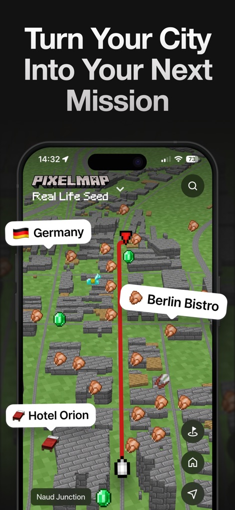 Game Maps IRL - The app transforms urban landscapes into a pixelated adventure, presenting locations like 'Berlin Bistro' and 'Hotel Orion' with a unique 'PIXELMAP Real Life Seed' aesthetic.