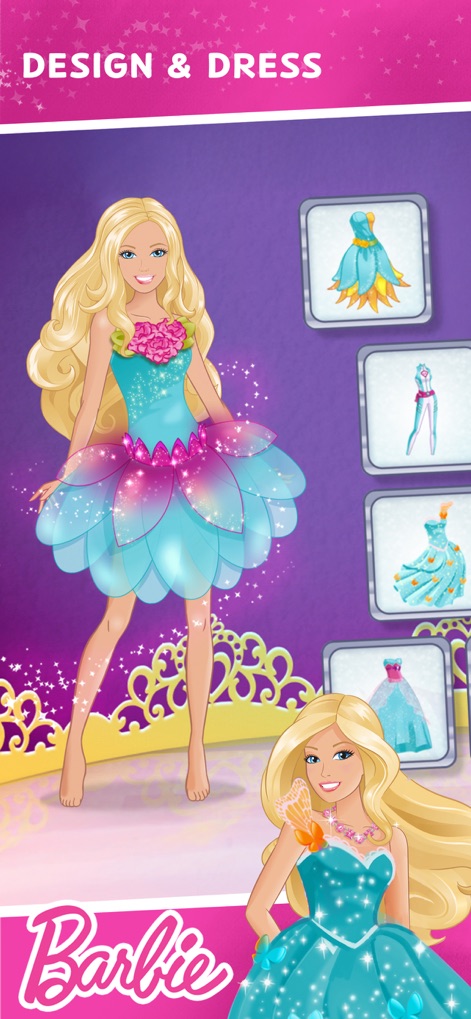 Budge World: Learning & Fun - This image reveals the interactive dress-up feature, allowing users to customize Barbie with a beautiful floral dress and select from a variety of additional outfits.