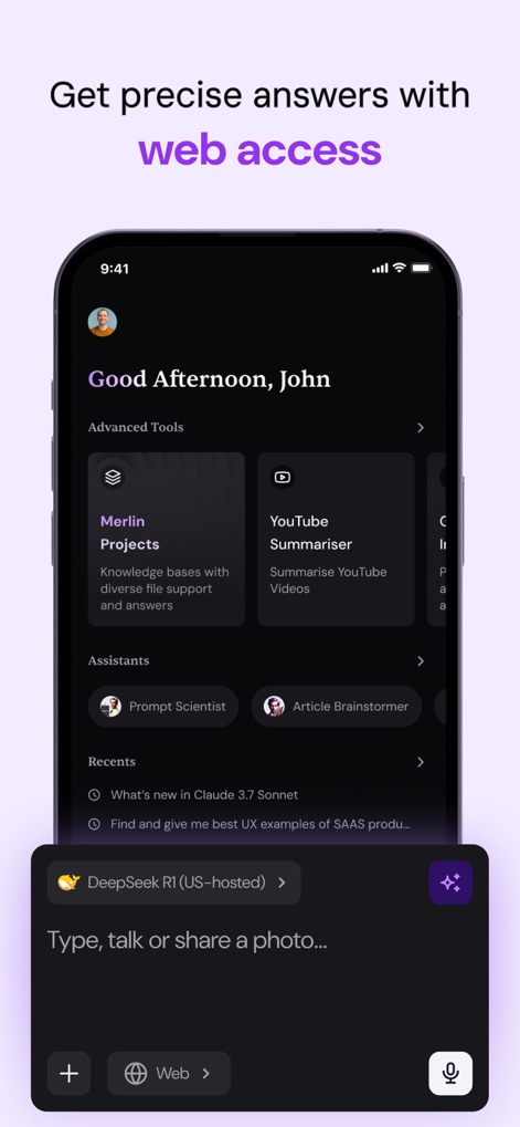 Merlin AI: AI Chat Assistant - This tool provides quick access to "Advanced Tools" like the YouTube Summariser and offers direct web search capabilities within the chat interface for comprehensive answers.