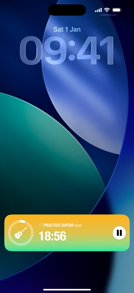 Streaks - Engage with tasks directly from the lock screen using dynamic Live Activities, displaying a timed task like "PRACTICE GUITAR" with a progress bar and a convenient pause button.