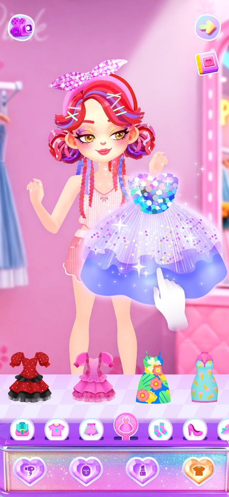 Aha Makeover-Beauty Salon Game - Dieses Bild hebt die Funktion hervor, ein funkelndes Kleid für den Avatar auszuwählen, und zeigt die vielfältige Outfit-Auswahl, die Nutzern zur Verfügung steht, um ihren Stil zu kreieren.