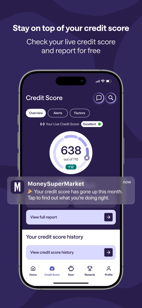 MoneySuperMarket - This tool empowers users to monitor their financial health, featuring a clear visual dial displaying their 'Credit Score' with an 'Excellent' rating, alongside an accessible 'Your credit score history' section for tracking progress.