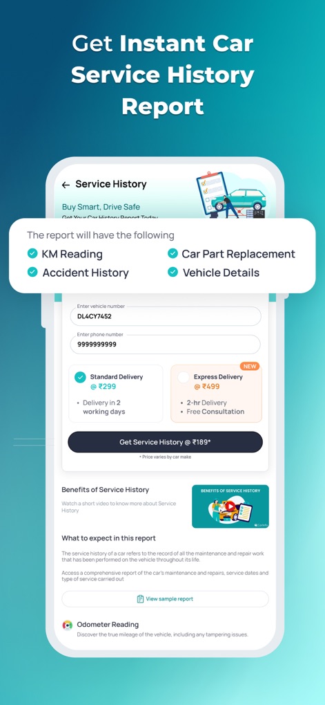 CarInfo - Vehicle Information - This feature allows users to request an instant car service history report via a straightforward form, detailing key benefits like 'KM Reading' and 'Accident History' checks.