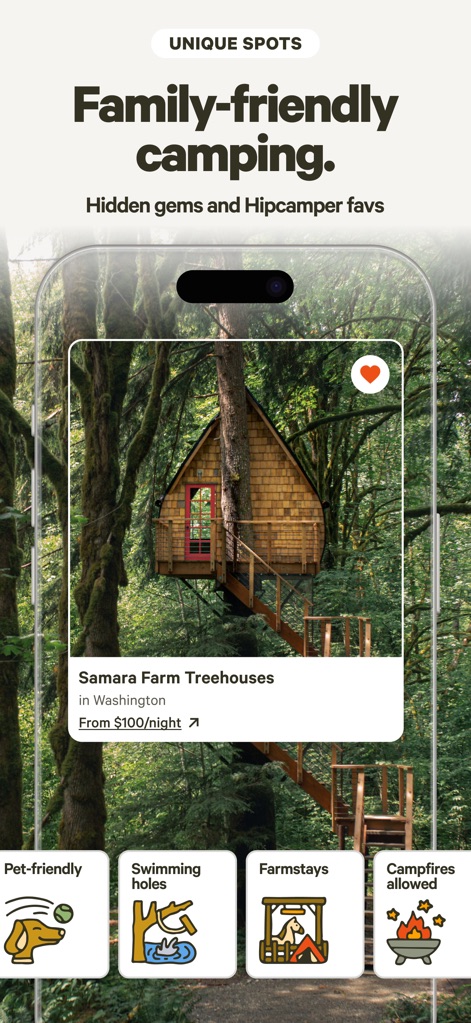 Hipcamp: Camping, RVs & Cabins - Les utilisateurs découvrent des hébergements uniques et adaptés aux familles, tels que les "Samara Farm Treehouses", avec des icônes claires indiquant les commodités disponibles comme les options "Pet-friendly" et la possibilité de faire des "Campfires allowed".