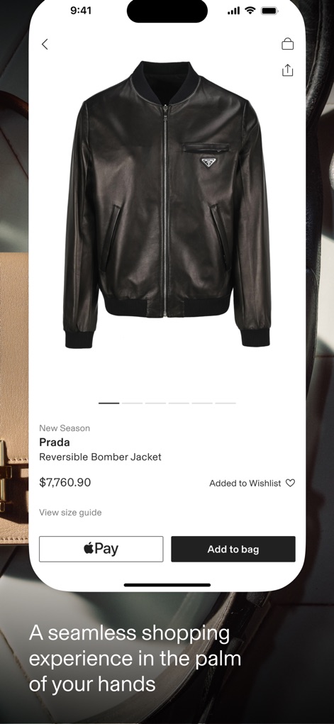 CETTIRE - Esta vista de producto resalta una chaqueta bomber de Prada con su precio y ofrece opciones de compra directas, incluyendo un botón de pago rápido y una guía de tallas.