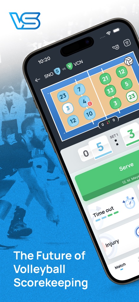 VolleyStation Score - See how VolleyStation Score presents a clear court diagram with numbered player positions and an intuitive score panel for immediate match status.