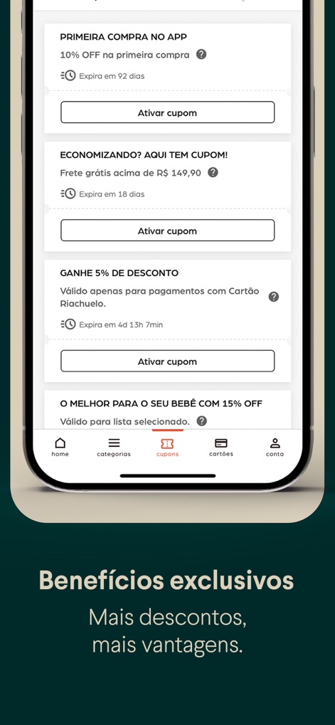 Riachuelo - Roupas e compras - This section reveals a dedicated "Cupons" tab where users can activate various discounts, including free shipping benefits and card-specific offers.