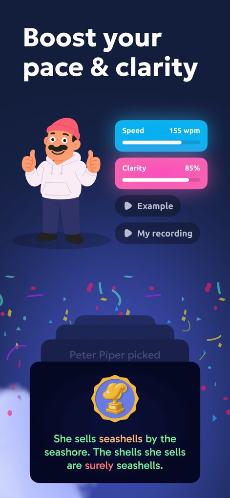 Vocal Image: AI Speaking Coach - Witness the app's detailed performance feedback, providing precise 'Speed' and 'Clarity' scores for articulation exercises like tongue twisters.