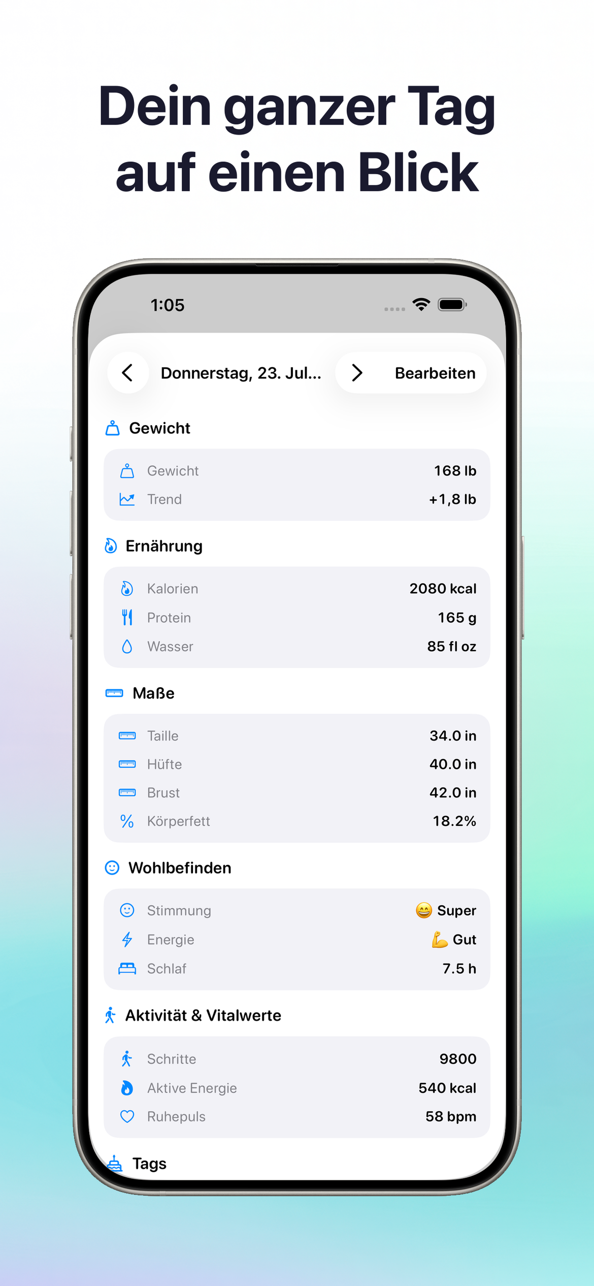 MyWeightLog - Gewicht — Dein ganzer Tag auf einen Blick