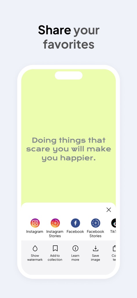 Facts - Daily Random Trivia - The app facilitates effortless sharing of interesting facts across popular social platforms, featuring direct sharing buttons and various export options like saving images.