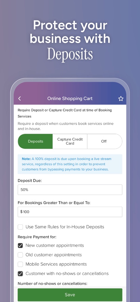 Vagaro Pro - This screen illustrates how the app empowers businesses to secure bookings by configuring deposit requirements, such as a '50%' deposit due and the option to 'Capture Credit Card'.