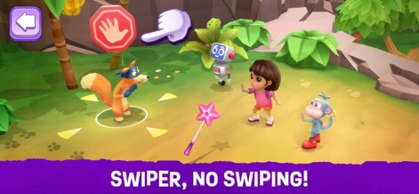Dora: Explore and Play! - 이 앱은 도라와 부츠가 스와이퍼를 저지하는 친숙한 상황을 재현하여 사용자가 문제를 해결하도록 유도하고, 마법 지팡이와 정지 표지판 같은 상징적인 요소들을 보여줍니다.