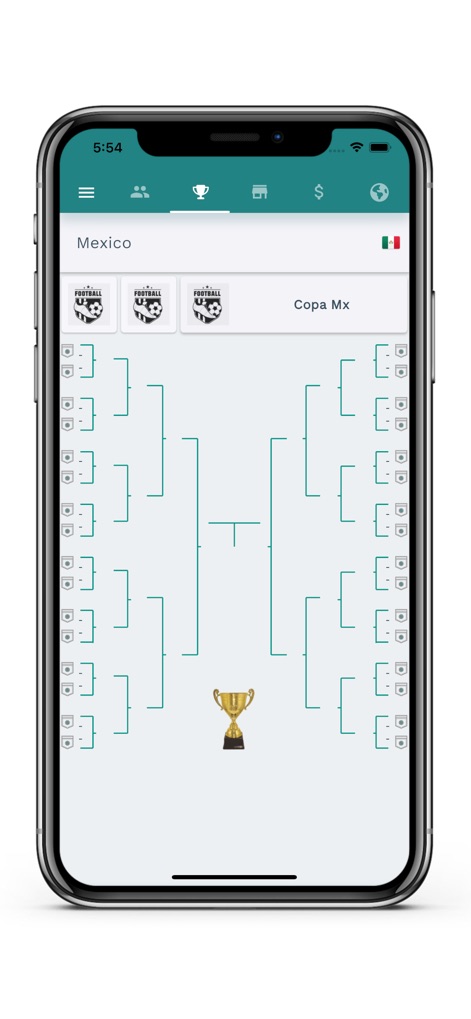 Superkickoff - Los usuarios visualizan el diagrama de fases de eliminación del torneo, destacando la "Copa Mx" y el icónico trofeo de la competición como meta final.