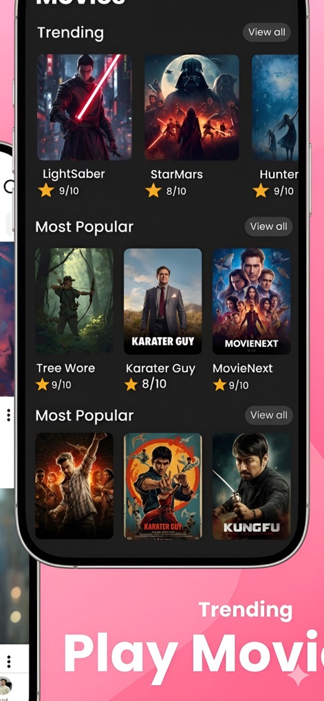 Tubidy Fm : Offline MP3 Player - Browse a wide array of curated movie selections, neatly organized into "Trending" and "Most Popular" sections, each with clear star ratings.