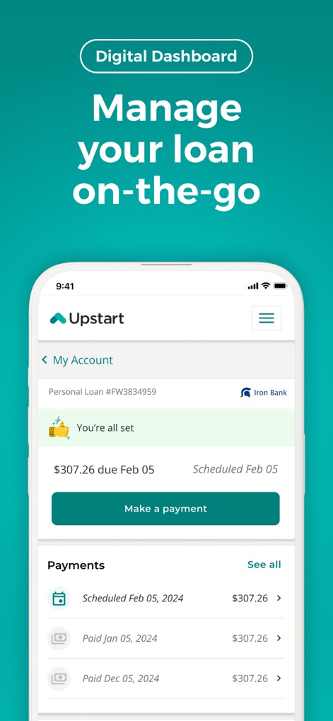 Upstart: Personal Loans + More - Das "My Account"-Dashboard zeigt die nächste fällige Zahlung von "$307.26 due Feb 05" und listet detailliert alle vergangenen "Payments" auf.