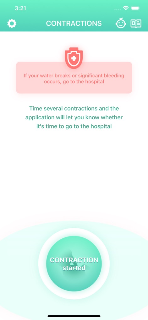 Contraction Timer & Counter 9m - 이 앱은 상단에 방패 아이콘과 함께 양수 파열 시 즉시 병원 방문을 권고하는 경고 메시지를 표시하고, 진통 기록이 병원 방문 시기를 결정하는 데 도움이 된다는 설명을 제공합니다.