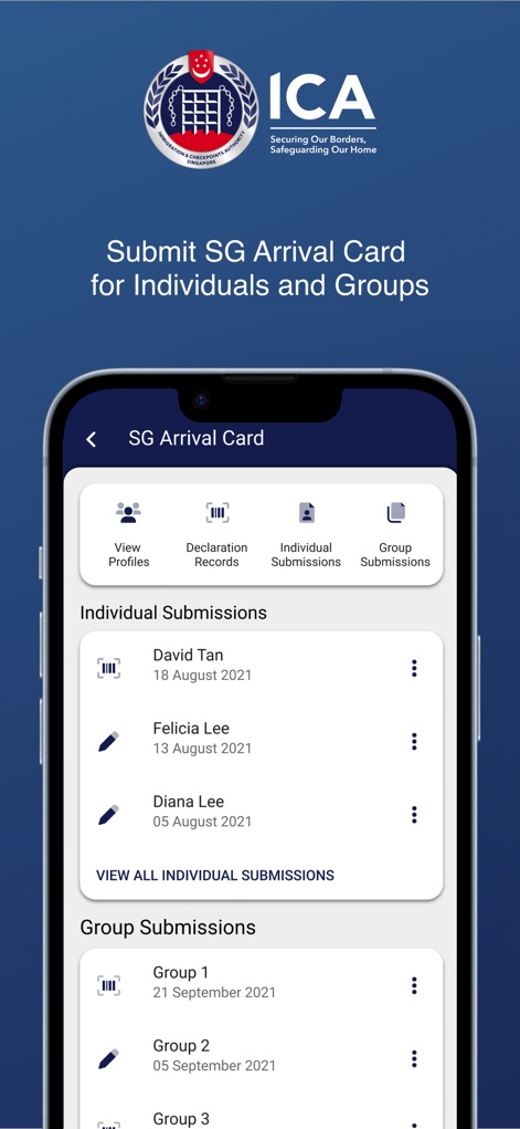 MyICA Mobile - Die 'SG Arrival Card' Sektion bietet übersichtliche Tabs für individuelle und Gruppeneinreichungen, wobei jede Erklärung mit Details wie dem Namen des Reisenden und dem Einreichungsdatum aufgeführt ist.