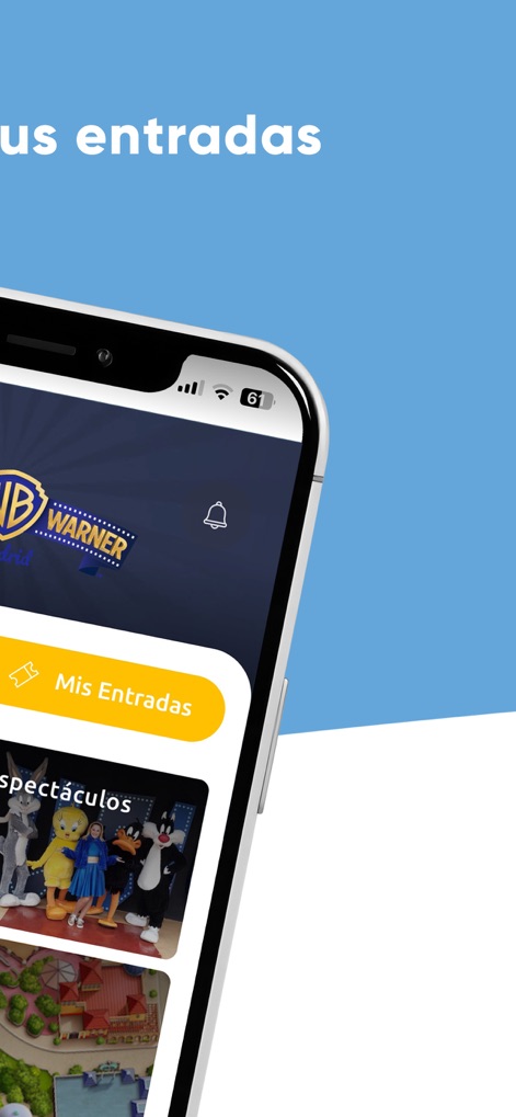 Parque Warner Madrid - La gestion des accès est facilitée par le bouton 'Mis Entradas', tandis que l'icône de notification assure aux utilisateurs de ne rien manquer.