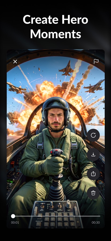 AI Photo Video Generator: AURA - The app enables users to create epic "Hero Moments," such as this dynamic fighter jet scene, complete with integrated video playback controls.