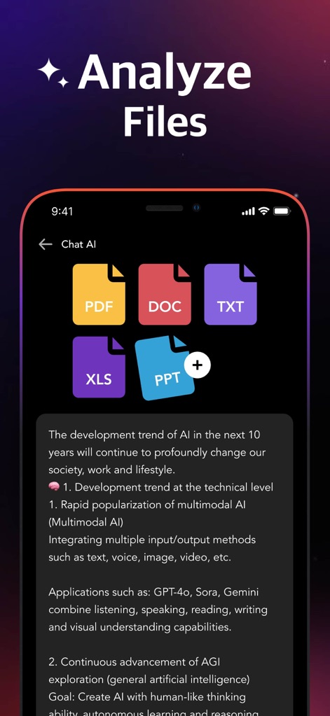 Gamm.AI - AI Chatbot Assistant - Witness how the app facilitates comprehensive document analysis, indicated by the multiple file type icons (PDF, DOC, TXT) and the insightful AI-generated text analysis.
