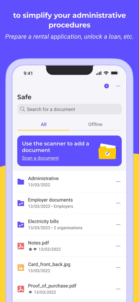 Digiposte: secure storage - This tool provides a comprehensive "Safe" section for all documents and facilitates quick additions with a prominent "Scan a document" feature.