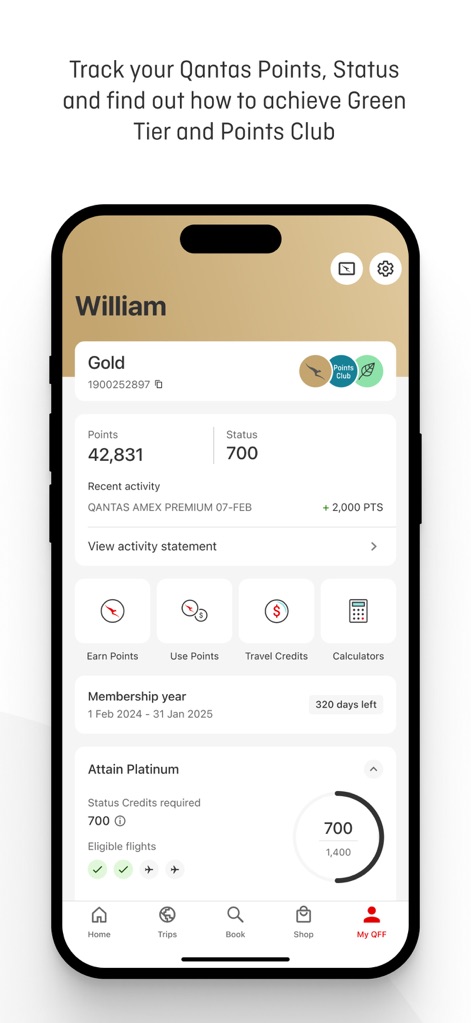 Qantas Airways - The app provides a detailed overview of a user's Frequent Flyer status, including current points balance and progress towards higher tiers.
