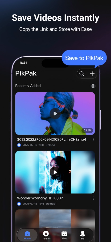 PikPak - Cloud Storage & Saver - Discover how the app simplifies content acquisition with its prominent "Save to PikPak" button and convenient video preview functionality.