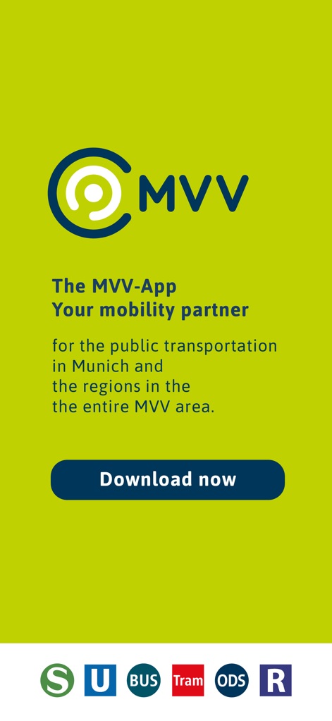 MVV-App - Esta pantalla publicitaria subraya el valor de la aplicación como "Your mobility partner" e incluye un prominente botón de "Download now", invitando a la descarga y uso inmediato.