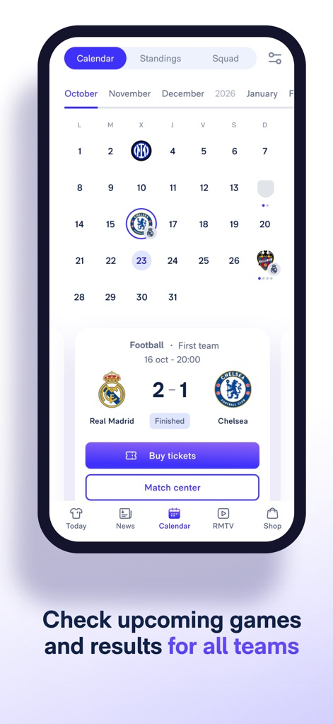 Real Madrid - The app provides an intuitive calendar displaying past match results, such as Real Madrid 2-1 Chelsea, and offers direct options to 'Buy tickets' for upcoming games.