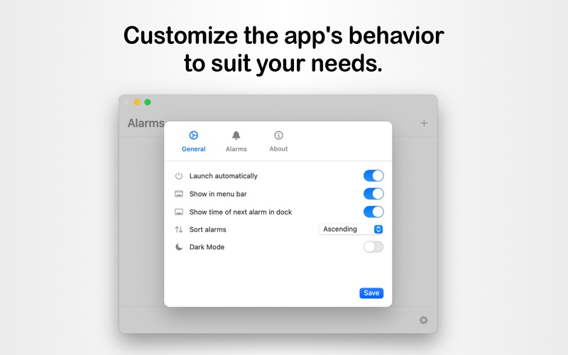Alarms + app screenshot