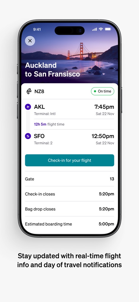 Air NZ - Observe the app's detailed flight schedule showing departure times and the convenient check-in option.