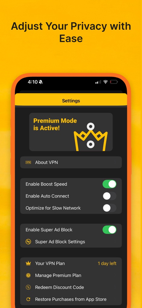 Best VPN : Unlimited VPN Proxy - 'Premium Mode is Active!' 배너는 활성화된 프리미엄 상태를 나타내며, 사용자는 'Enable Super Ad Block'과 같은 고급 개인정보 보호 설정을 편리하게 관리할 수 있습니다.