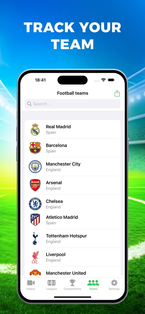Live Football TV. Soccer Score - This tool enables users to easily find and follow their favorite football clubs from various leagues, featuring prominent teams like Real Madrid and Manchester City for quick access.