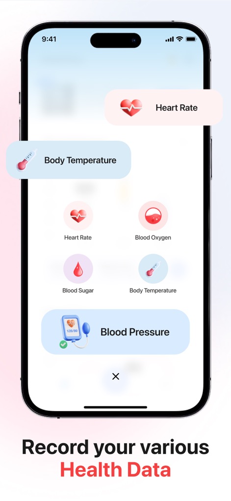 Blood Pressure App-Health Body - Users can effortlessly track diverse health metrics, with dedicated options for "Heart Rate," "Body Temperature," and "Blood Pressure" readings.