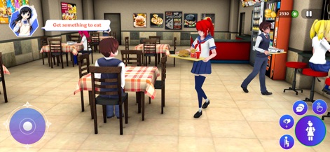 Anime Girl Life Simulator 3D - Engage in everyday school life with scenes depicting the bustling cafeteria interior and interactive prompts such as 'Get something to eat.'