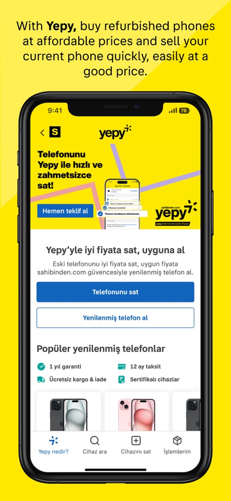 sahibinden #AlSatKiralaKesfet - A seção "Yepy" facilita a compra de dispositivos tecnológicos recondicionados e a venda de telefones usados, destacando as opções de "Vender Telefone" e "Comprar Telefone Renovado".