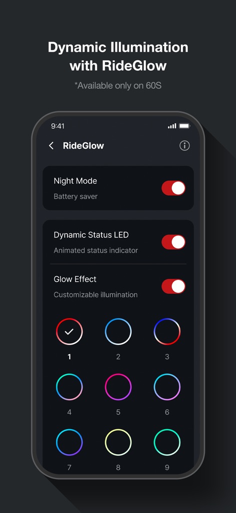 Sena Motorcycles - Users can customize their device's aesthetics through 'RideGlow' settings, featuring toggles for 'Night Mode' and a vibrant 'Glow Effect' color selector.