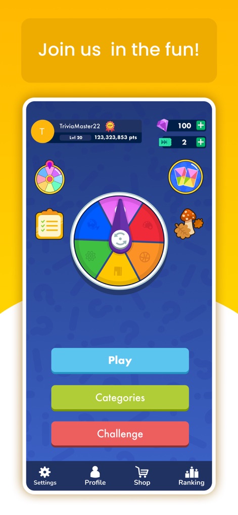 Trivia Quiz Knowledge - Das Hauptmenü ermöglicht den schnellen Zugriff auf alle Spielfunktionen und bietet eine übersichtliche Profilübersicht für den aktuellen Spieler.