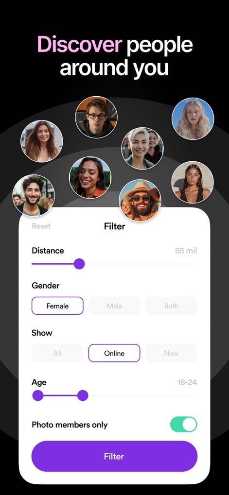 MatchPub: Live 1:1 Video Chat - Questa schermata mostra il menu di personalizzazione con opzioni per la 'Distanza' e il 'Genere', permettendo agli utenti di trovare persone vicine o lontane con precisione.
