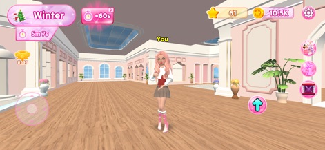 Dress Up Fashion Star - Users can experiment with varied fashion styles, evidenced by the character's casual yet chic attire, within a grand, pastel-hued room adorned with classic architectural details and indoor plants.