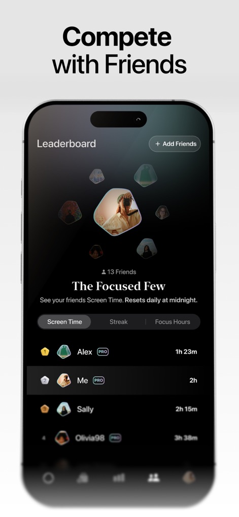 Opal: Screen Time Control - Engage with friends on the leaderboard, tracking 'Screen Time' and 'Focus Hours' to foster competitive motivation and shared goals.