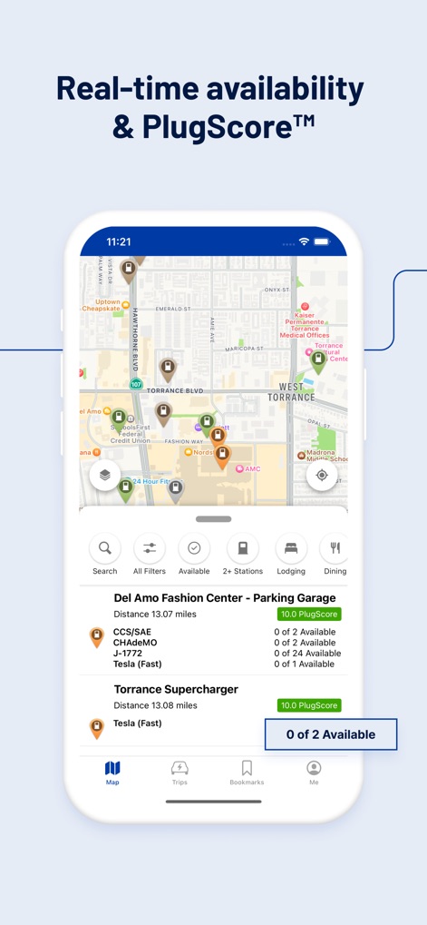 PlugShare: Charging Stations - Users can assess real-time availability for different charger types at each station, complemented by the insightful PlugScore™ rating to inform charging decisions.