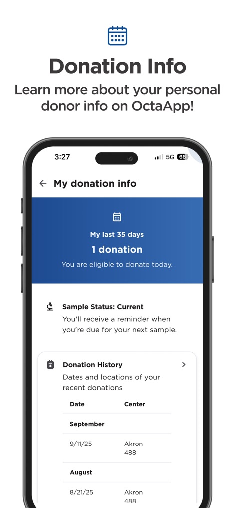 OctaApp - Donate Plasma - The app offers a clear overview of the user's recent donation frequency and a complete record of their donation history, providing valuable personal insights.