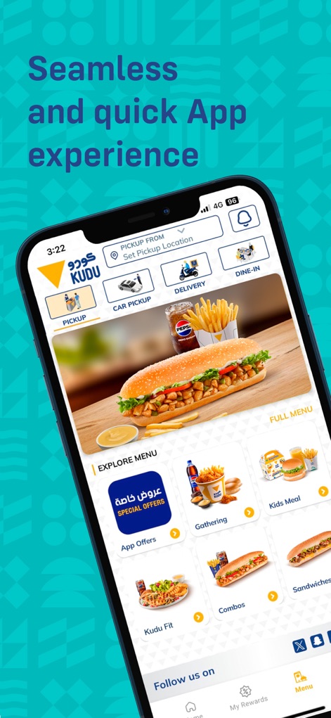 Kudu Restaurant - Saudi Arabia - Users experience a streamlined interface, showcasing quick access to diverse ordering methods like Pickup and Delivery, complemented by a dedicated 'My Rewards' section to track loyalty points.